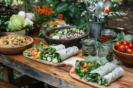 Vegetable wraps with fresh vegetables and spices on wooden table in gardenの素材