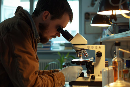 Scientist looking through microscope in laboratory, focus on hands of manの素材