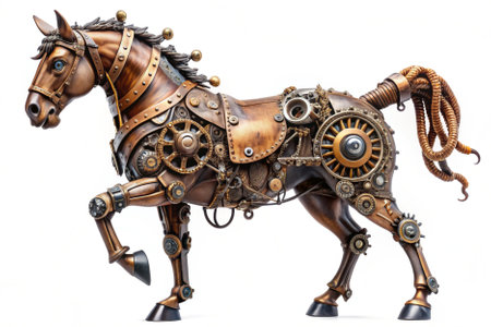 Wooden toy horse with gears isolated on white background. 3d rendering.の素材