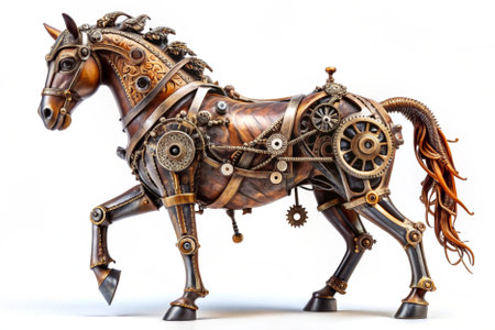 Horse made of wood with gears and cogwheels isolated on white backgroundの素材