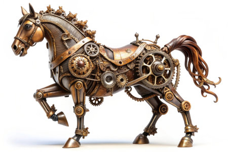Horse made of metal with gears and cogwheels isolated on white backgroundの素材