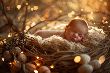 Newborn baby sleeping in a nest with lights and bokehの素材