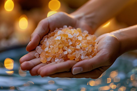Hands holding a pile of brown himalayan salt crystals.の素材