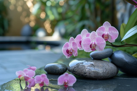 Pink orchids on zen stones in a garden setting.の素材