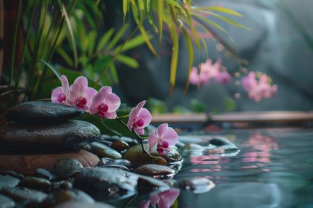 zen basalt stones and orchid flowers in water, spa conceptの素材