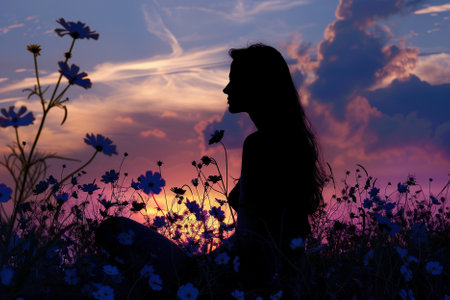 Silhouette of a girl on the meadow with flowers at sunsetの素材