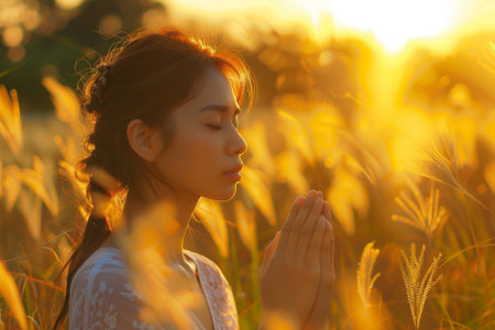 Beautiful asian woman praying in the meadow at sunset.の素材