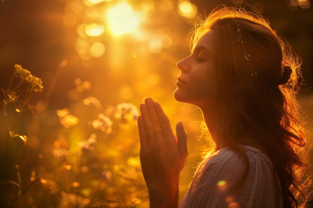 Beautiful young woman praying in the meadow at sunset or sunrise.の素材
