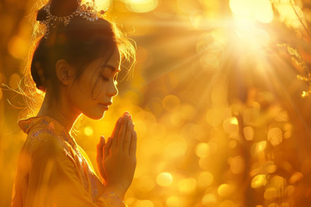 Beautiful asian woman in yellow dress praying with golden bokeh backgroundの素材
