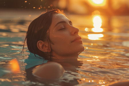Portrait of a beautiful young woman relaxing in swimming pool at sunsetの素材