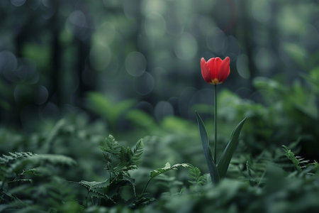 Red tulip on the background of a green forest. Soft focus.の素材
