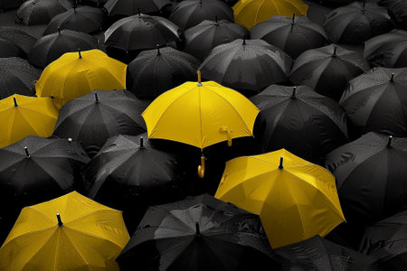 Black and yellow umbrellas on black background. 3D renderingの素材