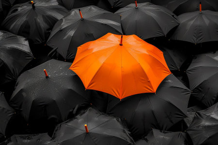 Black and orange umbrellas on the street in rainy day.の素材