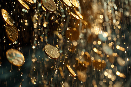 Gold coins falling in rain with bokeh background. Financial concept.の素材