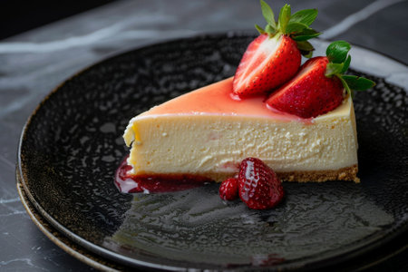 Cheesecake with fresh strawberries on a black plate, selective focusの素材