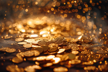 Golden coins on a dark background with golden bokeh effect.の素材