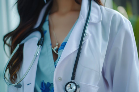 Close up of female doctor with stethoscope on her neck.の素材