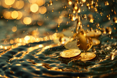 Gold coins falling into the water with bokeh background. Business concept.の素材