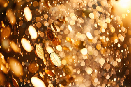 golden coins falling in the rain on bokeh background.の素材