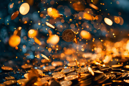 falling gold coins on dark background with bokeh effect.の素材