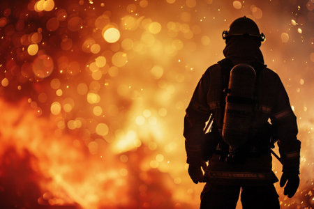 Firefighter in the fire. Firefighters fighting a fire with a hose.の素材