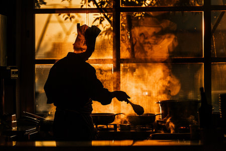 Silhouette of a chef cooking in the kitchen at sunset.の素材