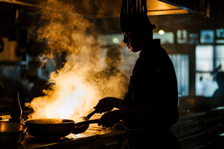 Chef cooking in a restaurant kitchen. Chef preparing food in a pan.の素材