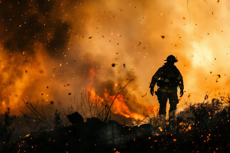 Firefighters extinguish a fire in the forest. Firefighters fighting a fire.の素材