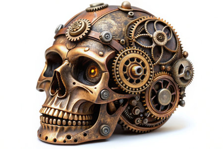 Human skull made of metal gears and cogwheels on white backgroundの素材