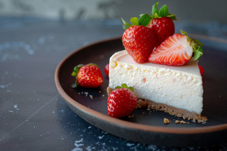 Cheesecake with fresh strawberries on a black background, selective focusの素材