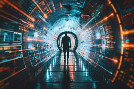 Silhouette of a man in a futuristic tunnel. Abstract technology background.の素材