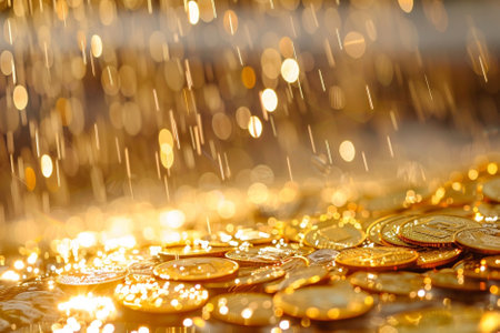 Golden coins with bokeh light background, money and banking conceptの素材