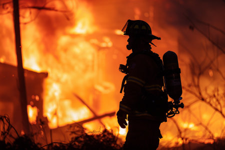 Silhouette of firefighter in action at fire. Selective focusの素材