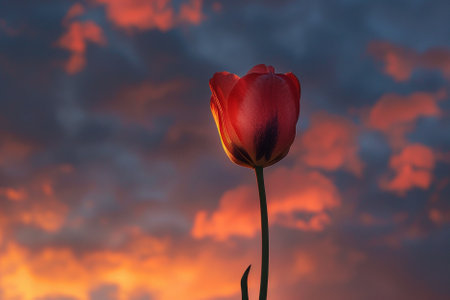 Red tulip on a background of blue sky with clouds at sunsetの素材