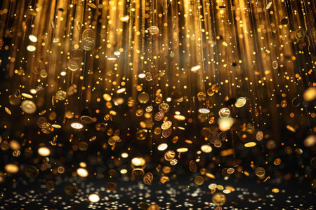 Golden bokeh background with falling golden confetti. Christmas and New Year concept.の素材