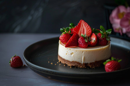 Cheesecake with fresh strawberries on a black plate. Dark background.の素材