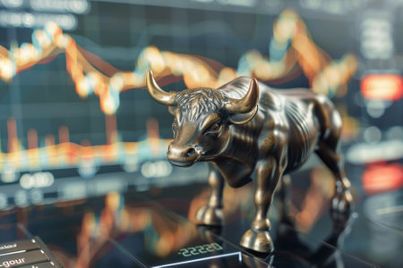 Bull statuette on the background of the stock exchange chart.の素材