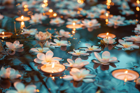 Beautiful candles floating on the water with lotus flower in the templeの素材