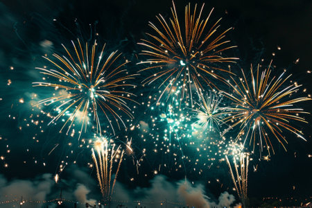 Colorful fireworks of various colors over night sky. Celebration concept.の素材