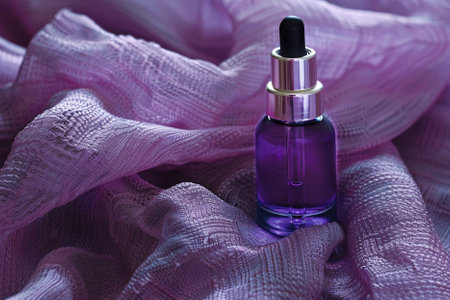 Cosmetic oil in a glass bottle on a purple fabric background.の素材