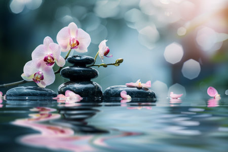zen basalt stones and pink orchid on the water with bokeh backgroundの素材