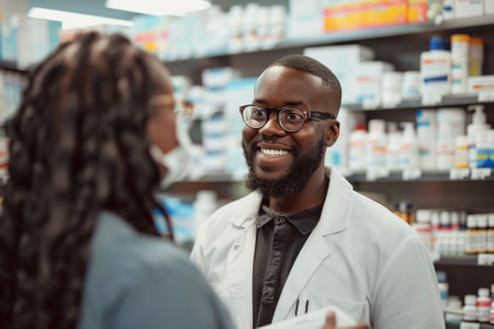 african american pharmacist in eyeglasses looking at african american customer in drugstoreの素材