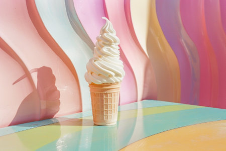 Ice cream in a waffle cone on a background of colorful wallの素材