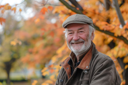 Portrait of a senior man in a cap on an autumn backgroundの素材