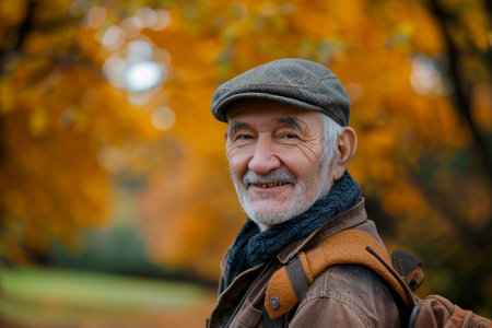 Portrait of an elderly man in the autumn park, smiling.の素材