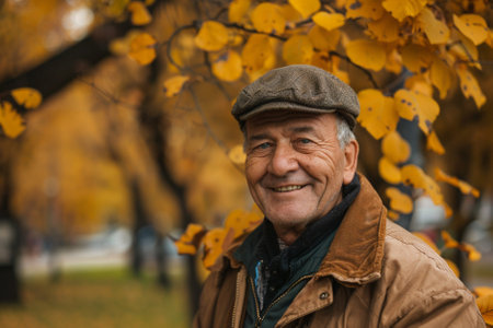 Portrait of a senior man in autumn park with yellow leaves.の素材