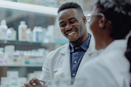 Smiling african american pharmacist looking at camera while working in pharmacyの素材