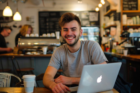 Portrait of smiling young man using laptop while sitting in coffee shopの素材