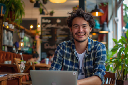 Portrait of young Asian man using laptop while sitting in coffee shopの素材