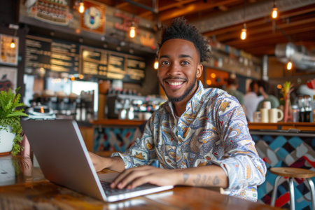 Portrait of smiling african american man using laptop in cafeの素材